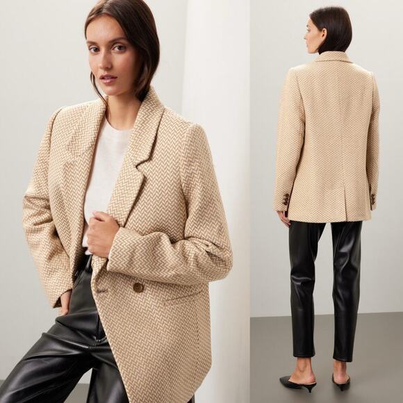 Anine Bing Oversized Fishbone Blazer Tan/White Herringbone Print Size Large - Picture 10 of 10